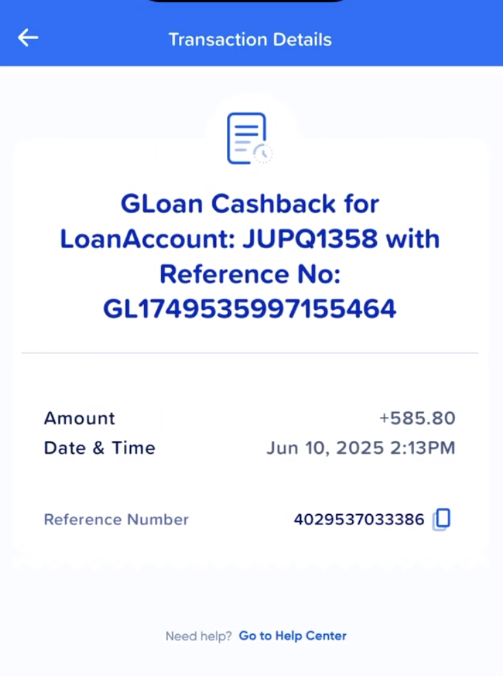 GLoan cashback transaction details