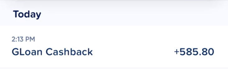 GLoan cashback line item in transaction history