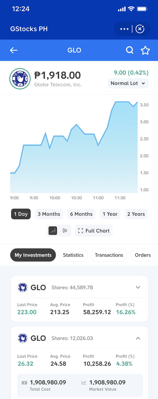 GStocks Orders My Investments screen