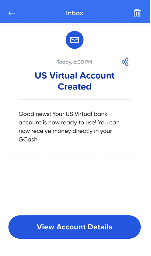 US Virtual Account Created notification