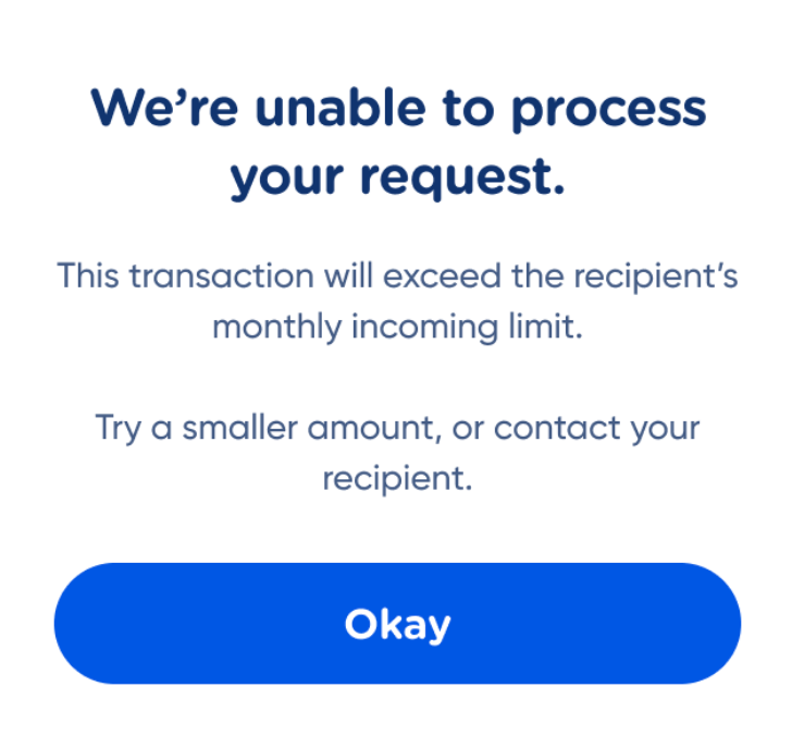 Transaction will exceed the recipient’s monthly incoming limit