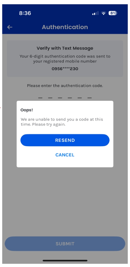 “Unable to send you a code at this time” during MPIN reset