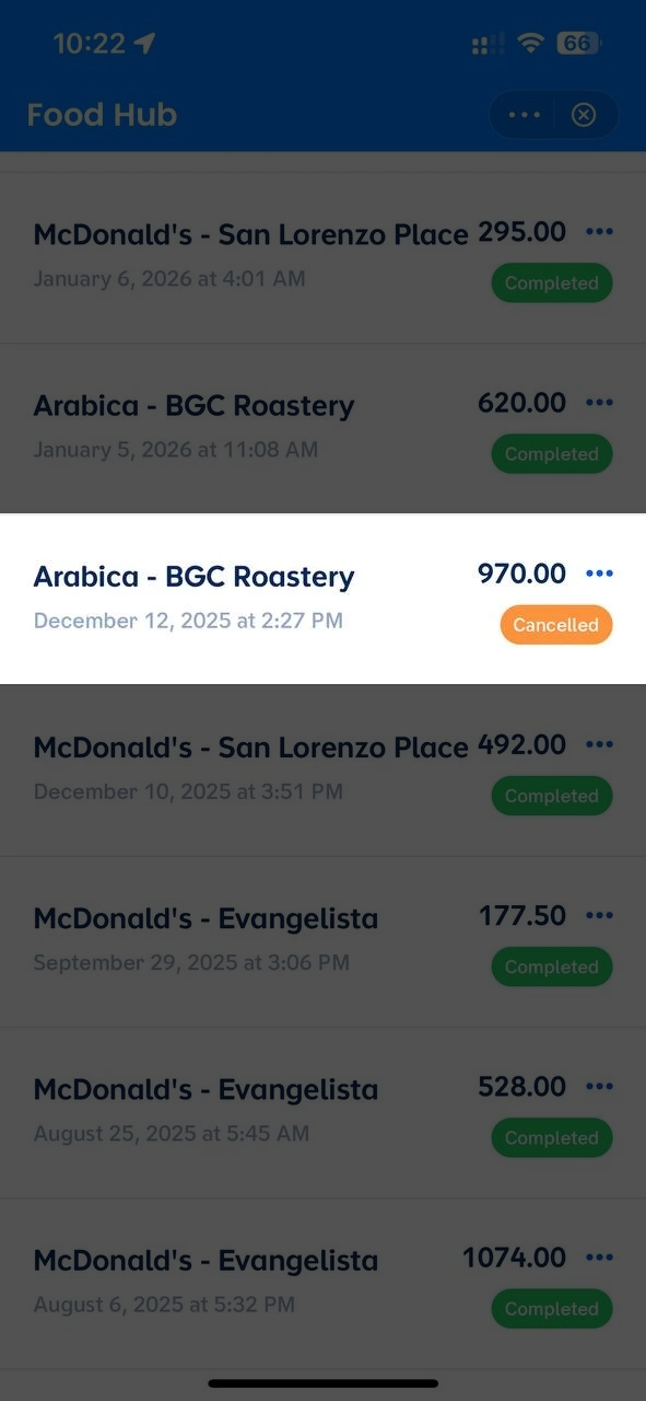 Cancelled order details screen