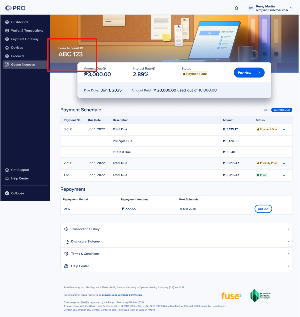 Loan Details page showing the Loan Account ID
