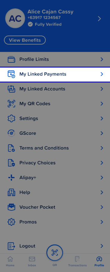 Open My Linked Payments from Profile