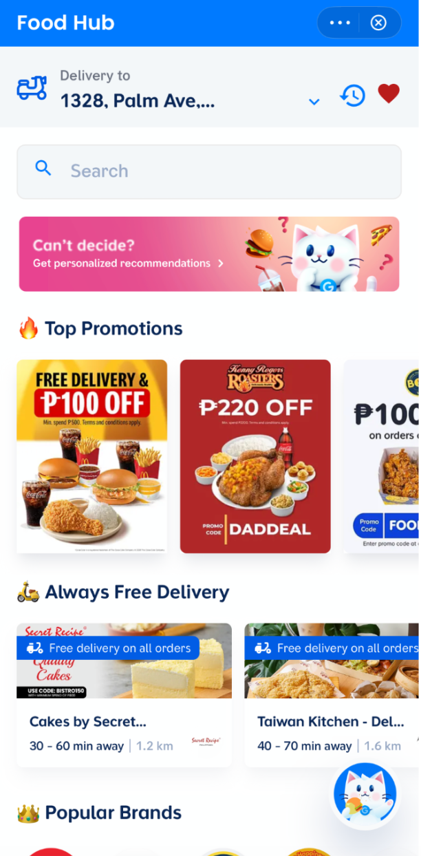 Selecting food items in Food Hub