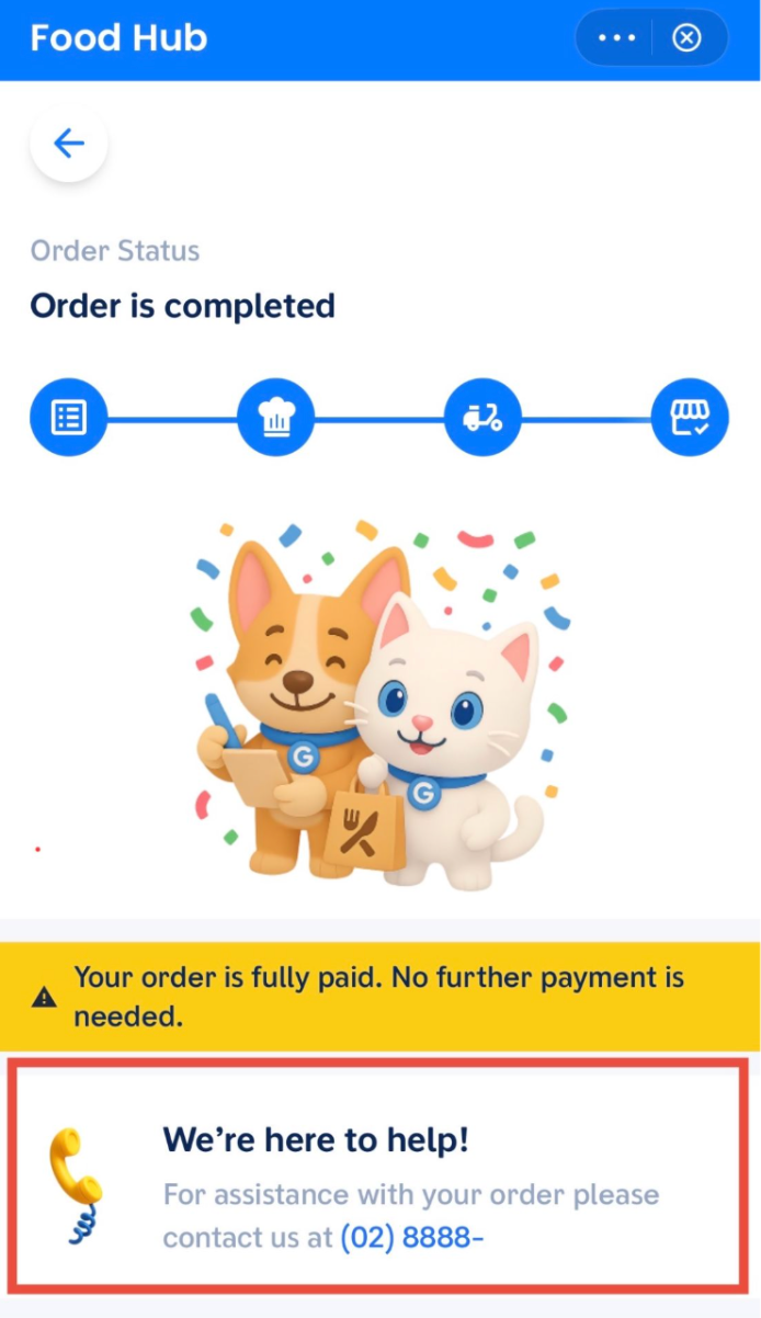 Restaurant contact information on order confirmation page