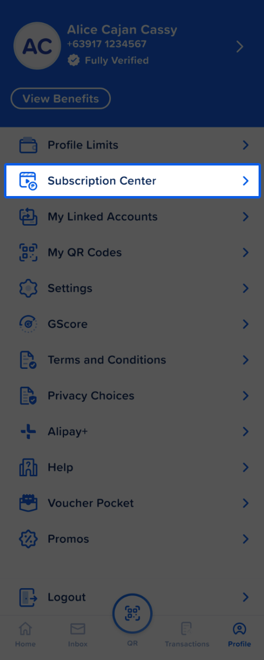 Subscription Center screen
