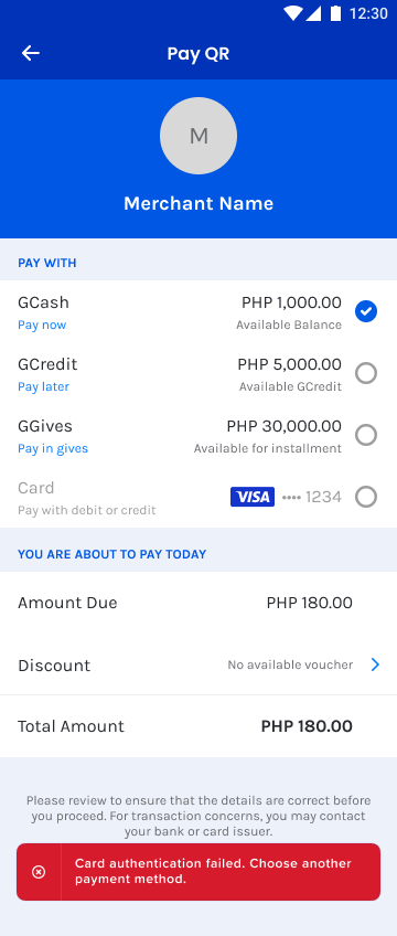 Card authentication screen failed
